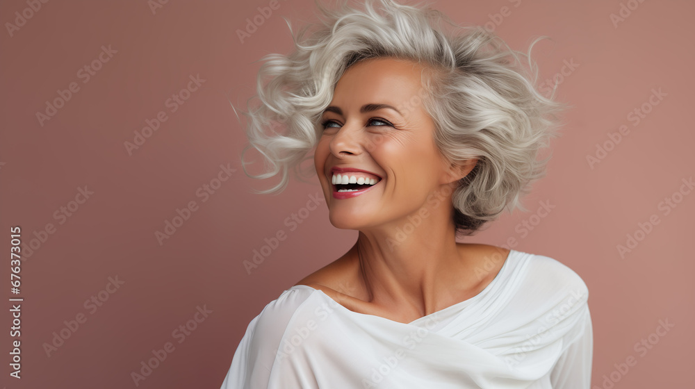 Confident elderly senior model with grey hair,  mature happy smiling female lady in colorful close-up portrait | Generative AI