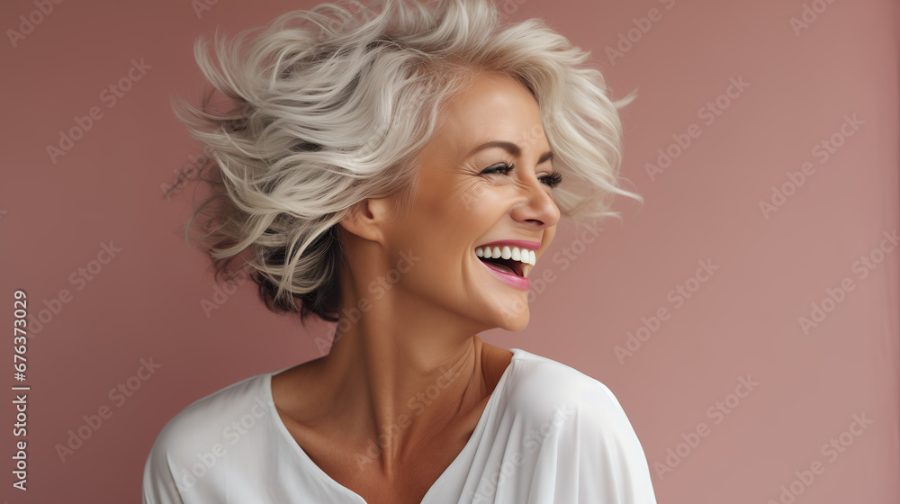 Confident elderly senior model with grey hair,  mature happy smiling female lady in colorful close-up portrait | Generative AI