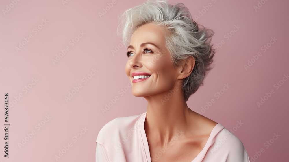 Confident elderly senior model with grey hair, mature happy smiling female lady in colorful close-up portrait | Generative AI Confident elderly senior model with grey hair, mature happy smiling female lady in colorful close-up portrait | Generative AI