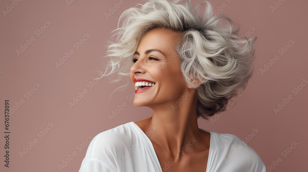 Obraz na płótnie Confident elderly senior model with grey hair,  mature happy smiling female lady in colorful close-up portrait | Generative AI w salonie