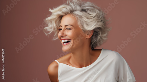 Confident elderly senior model with grey hair   mature happy smiling female lady in colorful close-up portrait   Generative AI