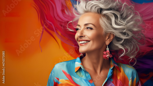Confident elderly senior model with grey hair,  mature happy smiling female lady in colorful close-up portrait © DigitalDreamscape