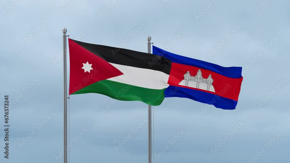 Cambodia flag and Jordan flag waving together on cloudy sky, endless seamless loop, two country relations concept Cambodia flag and Jordan flag waving together on cloudy sky, endless seamless loop, two country relations concept