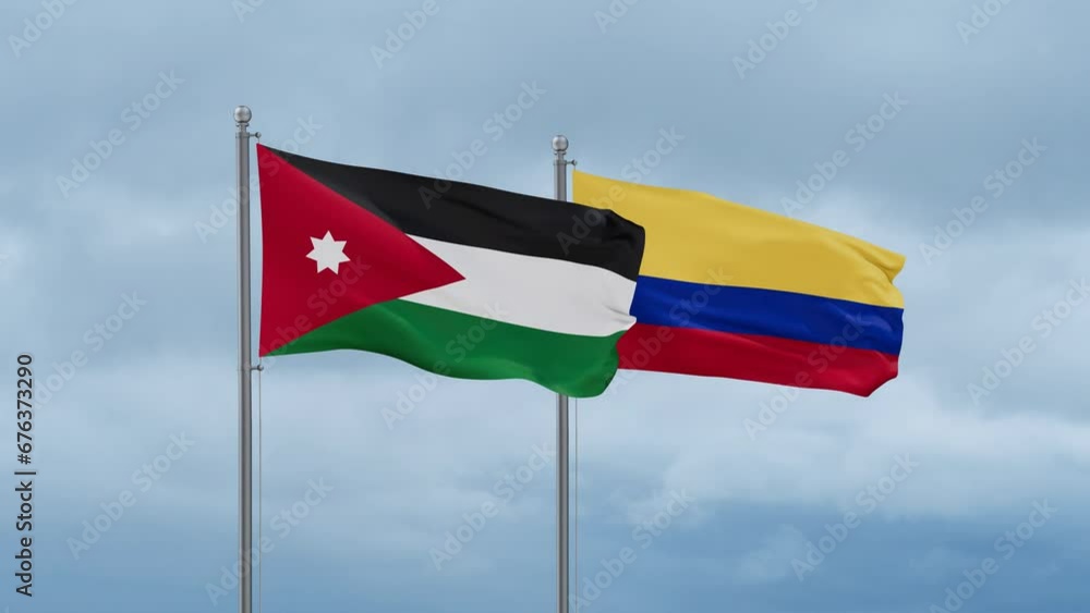 Colombia and Jordan flag waving together on cloudy sky, endless seamless loop, two country cooperation concept Colombia and Jordan flag waving together on cloudy sky, endless seamless loop, two country cooperation concept