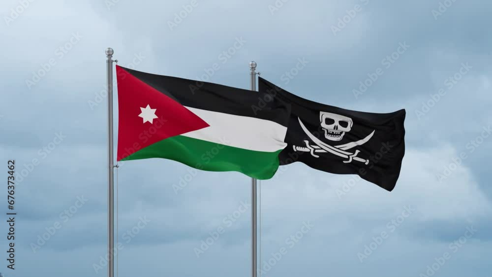 Jordan flag and Corsair flag waving together on cloudy sky, endless seamless loop Jordan flag and Corsair flag waving together on cloudy sky, endless seamless loop