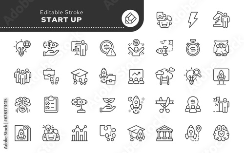Start up, starting a business, marketing, financial and career start. Line icon set. Web icons in linear style for mobile application and web site. Outline pictogram