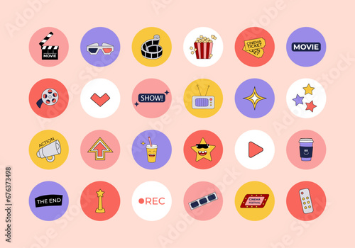Cinema objects collection, round stickers, highlights covers in retro style. Templates icons y2k design for social media, story buttons. Movie elements, popcorn, mascot, film in 2000s. Vector