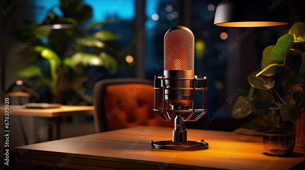 A microphone set up in a home podcast studio.