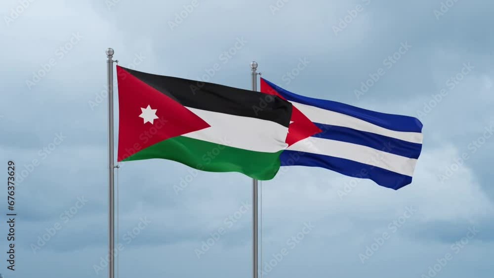 Cuba and Jordan flag waving together on cloudy sky, endless seamless loop, two country cooperation concept Cuba and Jordan flag waving together on cloudy sky, endless seamless loop, two country cooperation concept