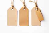 Set of three light brown cardboard hang tag for products or gift tag isolated on a white background.