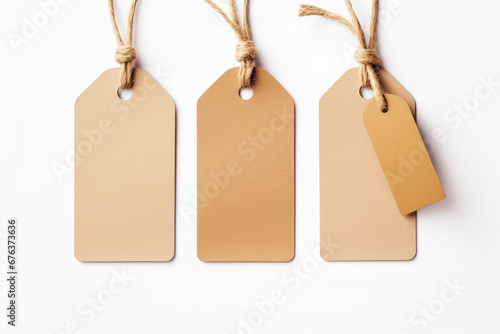 Set of three light brown cardboard hang tag for products or gift tag isolated on a white background.