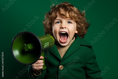 Cheerful girl with megaphone on solid background in studio shot, passionately screaming her message