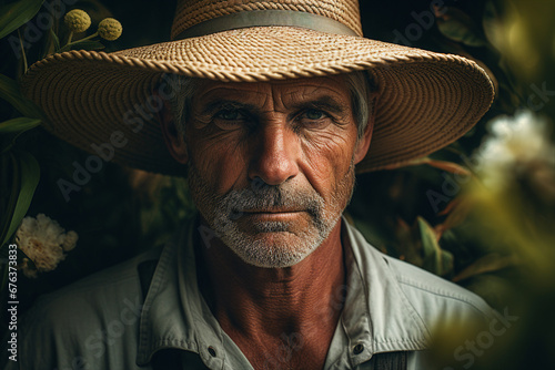 Generative AI picture of nature autumn farm colorful image attractive man farmer working in garden