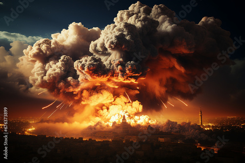 Generative ai image picture of world urban apocalypse with people war attack nuclear bomb explosion