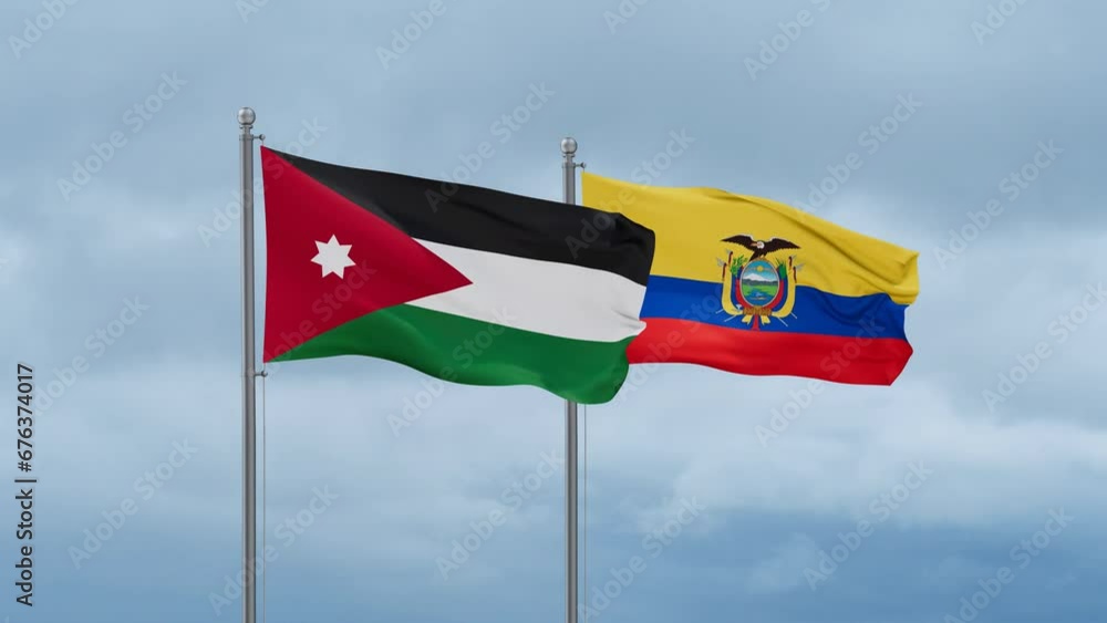 Ecuador flag and Jordan flag waving together on cloudy sky, endless seamless loop, two country relations concept Ecuador flag and Jordan flag waving together on cloudy sky, endless seamless loop, two country relations concept