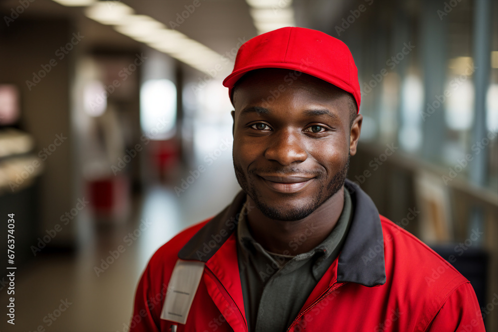 Generative AI image of handsome man postman mail carrier wear uniform standing in the warehouse Generative AI image of handsome man postman mail carrier wear uniform standing in the warehouse