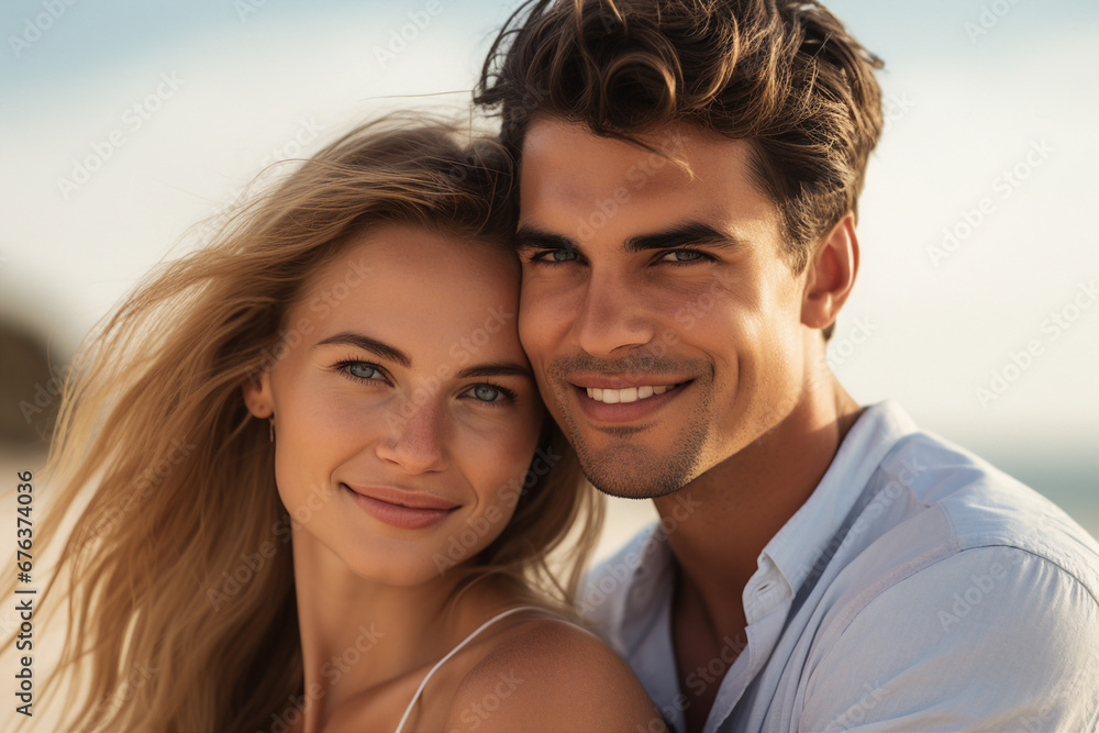 Young couple portrait two lovers spending time sunny country travelers Generative AI Young couple portrait two lovers spending time sunny country travelers Generative AI