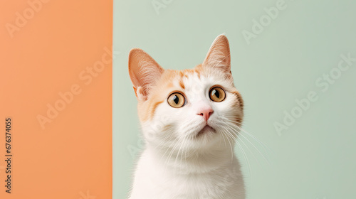 Close-up photo of a white-orange cat with sparkling round eyes. Isolated on pastel green-orange background.