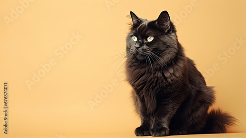 Cute black cat photos Isolated on pastel orange background.