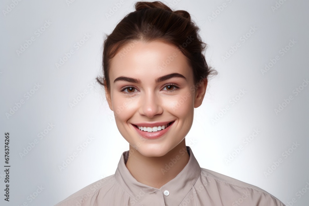 Young beautiful brunette woman with short hair and toothy smile on white background, looking at camera, close up portrait. Young beautiful brunette woman with short hair and toothy smile on white background, looking at camera, close up portrait.
