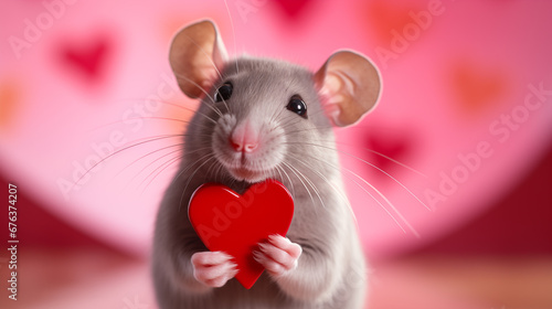 Mouse holding red heart on pink background. Valentine's day greeting card.