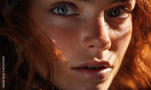 Close-up portrait of young woman or teen girl with red curly hair, pale skin and freckles, looking at camera.