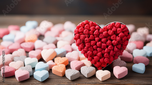 Gift box heart shaped with small heart-shaped sweets on wooden table, Valentine's day greeting card background