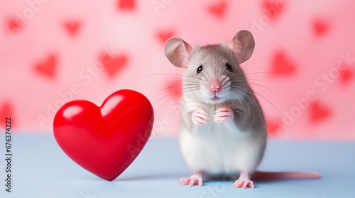 Mouse holding red heart on pink background. Valentine's day greeting card.