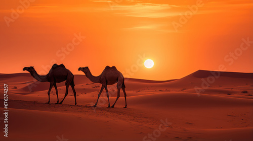 Two wild camels crossing the desert sand dunes at sunset. A tranquil and dramatic scene in the arid wilderness.