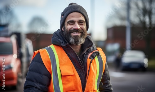Smiling worker man wearing safety vest and winter clothes, looking at camera. Handsome male, outdoor portrait. © DenisNata