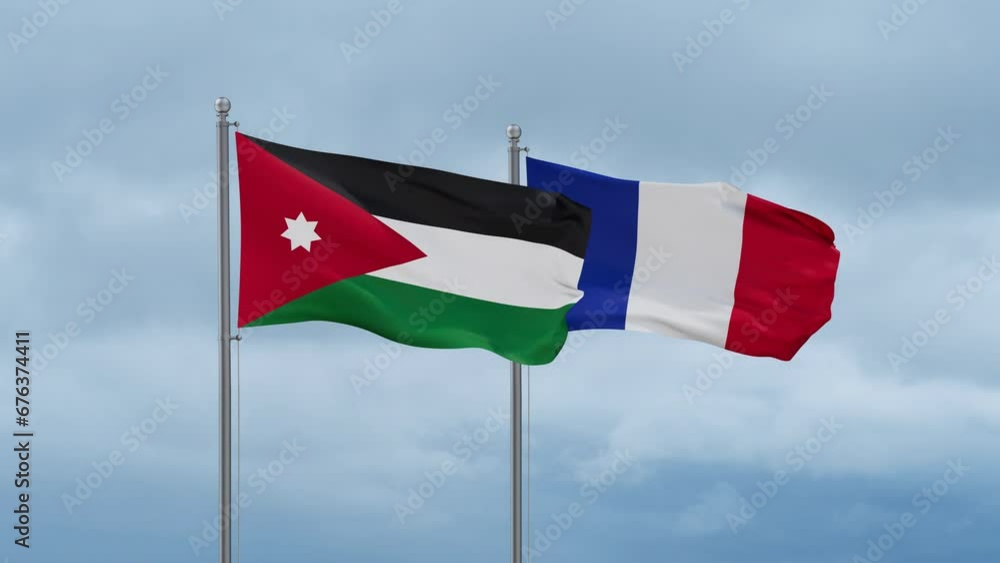 France and Jordan flags waving together on cloudy sky, endless seamless loop, two country relations concept France and Jordan flags waving together on cloudy sky, endless seamless loop, two country relations concept