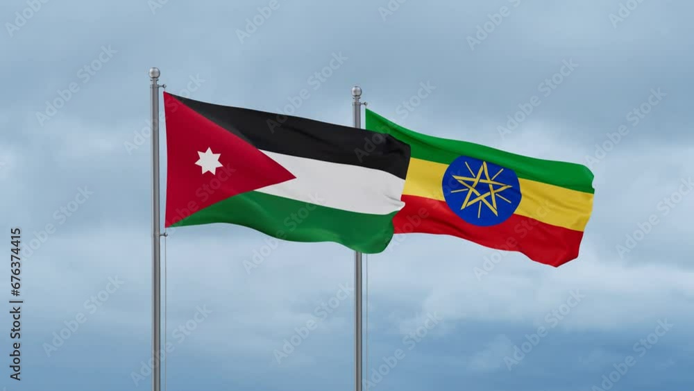 Ethiopia flag and Jordan flag waving together on cloudy sky, endless seamless loop, two country relations concept Ethiopia flag and Jordan flag waving together on cloudy sky, endless seamless loop, two country relations concept