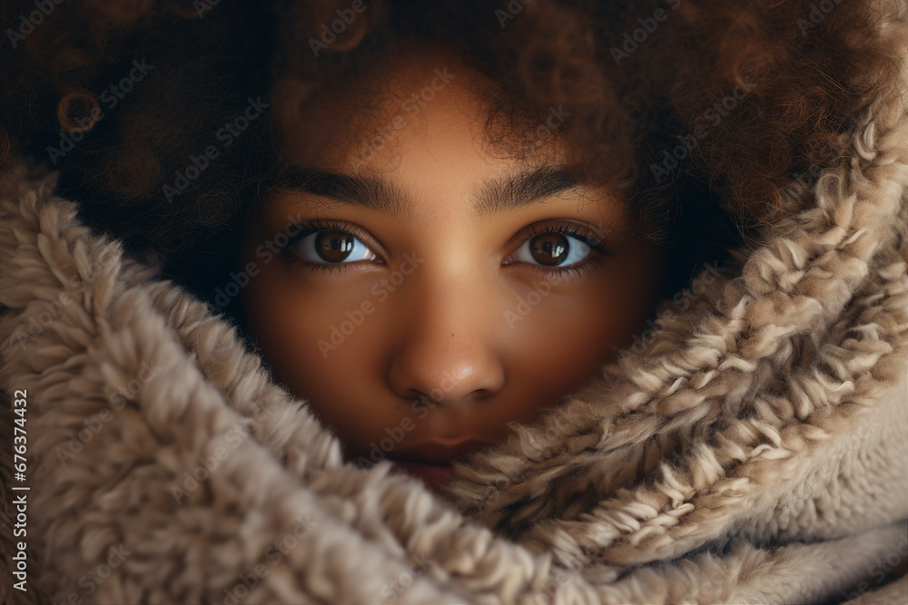 Young african girl enjoying wrapped in warm soft blanket Generative AI content
