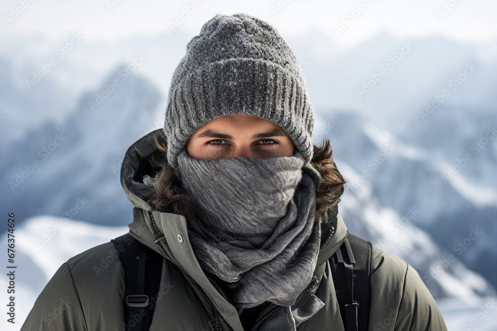 Happy young person wearing warm winter hiking clothes climbing high peak mountain Generative AI picture Happy young person wearing warm winter hiking clothes climbing high peak mountain Generative AI picture