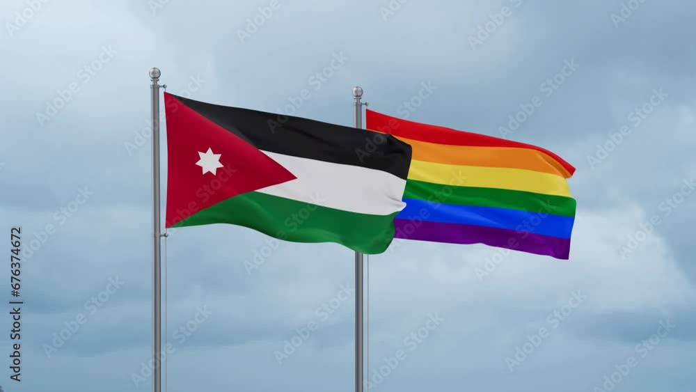 LGBT movement flag also Gay Pride and Jordan flag waving cycle looped video, tolerance conception in country LGBT movement flag also Gay Pride and Jordan flag waving cycle looped video, tolerance conception in country