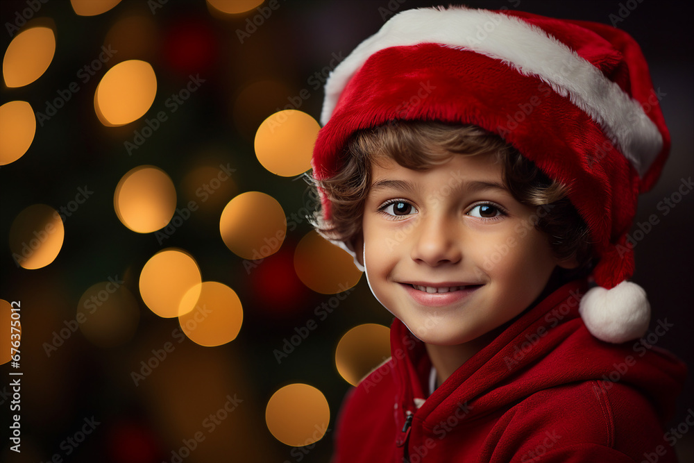 Image generative AI picture of excited little kid near the christmas decorated illuminated tree Image generative AI picture of excited little kid near the christmas decorated illuminated tree