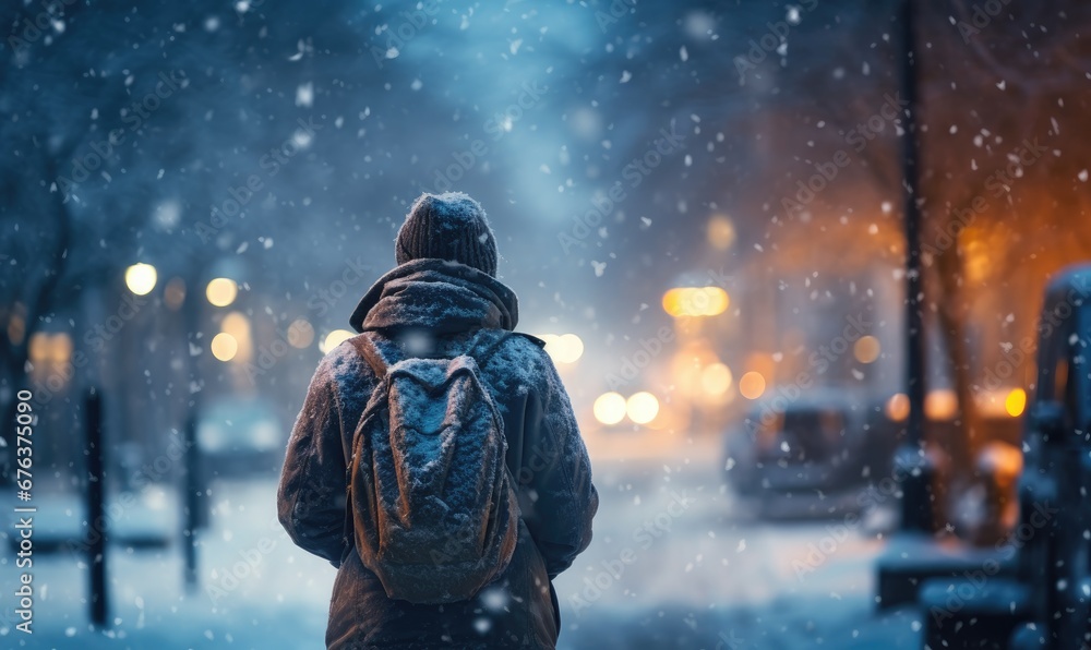 A Serene Winter Stroll Through the Snowy City Streets - obrazy, fototapety, plakaty 