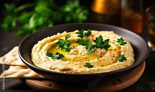 A Delicious Plate of Hummus with Fresh Parsley Garnish