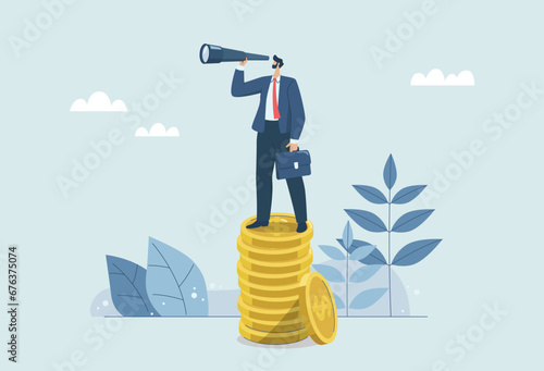 The broad vision of market leaders, Financial growth opportunities or investment profits, Searching for success and business goals, Businessman with spyglass standing on pile of gold coins.