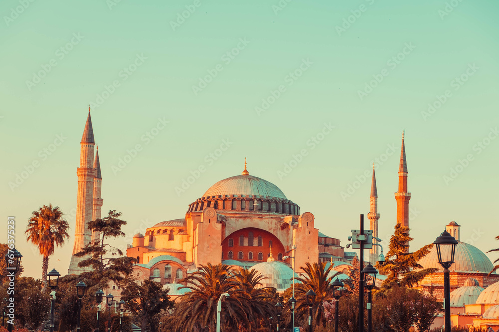 Hagia Sophia and blue sky in autumn in Istanbul, Turkey 