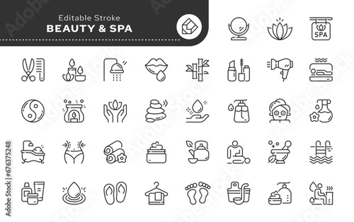Spa salon and beauty. Spa treatments, cosmetics, body, face, skin, hair and hand care. Line icon set. Web icons in linear style for mobile application and web site. Outline pictogram.