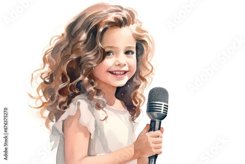 cartoon watercolor little girl character with microphone on white background