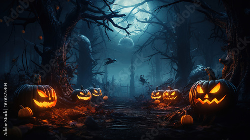Spooky pumpkins under the mystique of moonlight in a forest.