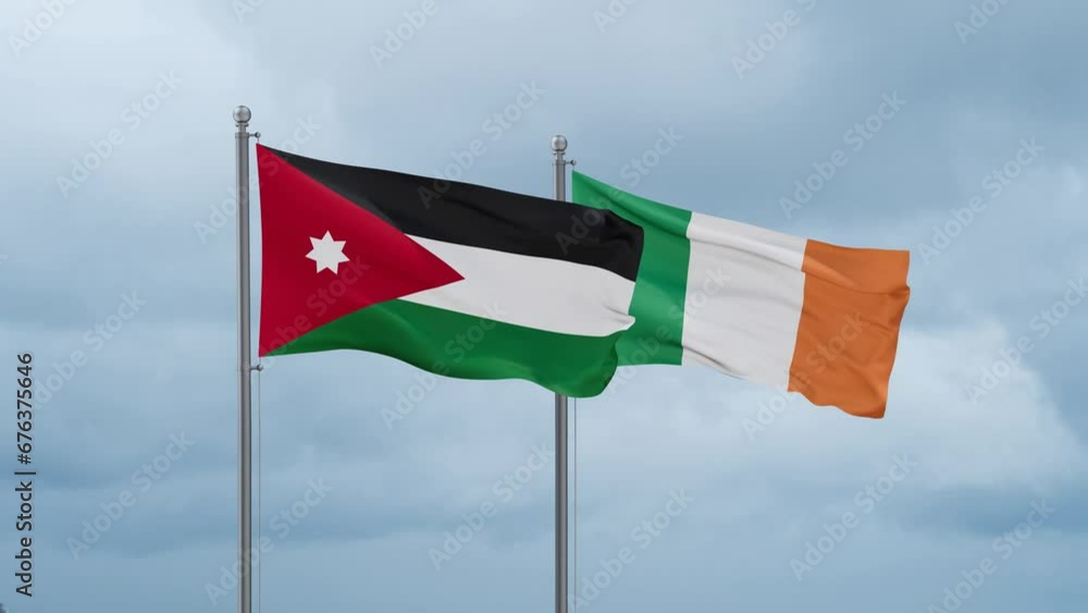 Ireland flag and Jordan flag waving together on cloudy sky, endless seamless loop, two country relations concept Ireland flag and Jordan flag waving together on cloudy sky, endless seamless loop, two country relations concept