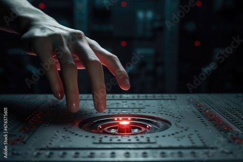 hand stretches to emergency red button on metal futuristic surface photo