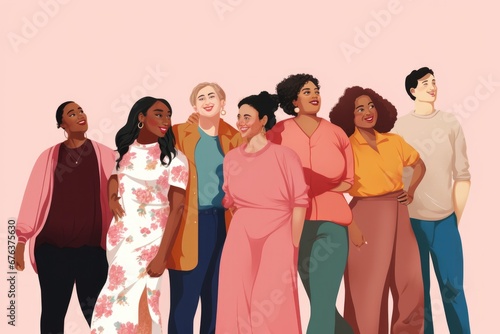 Multicultural group of plus-size people on pastel background