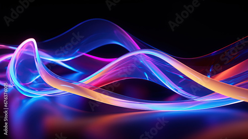 Dazzling Neon Dreams: A Vibrant Tapestry of Fluorescent Ribbons Illuminating the Night, Glowing Elegance: Abstract Neon Ribbons Dance in a Dark Room, Creating a Stunning Panoramic Display