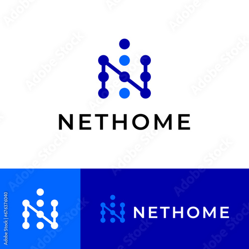 Net Home Logo, Modern Initial N with Technology Symbol. Combination of the initial 'N' and a home icon symbolizes connectivity and modern living.