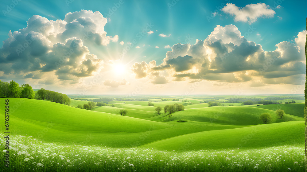 Illustration of Spring panoramic landscape. Sky with fluffy clouds over green field.