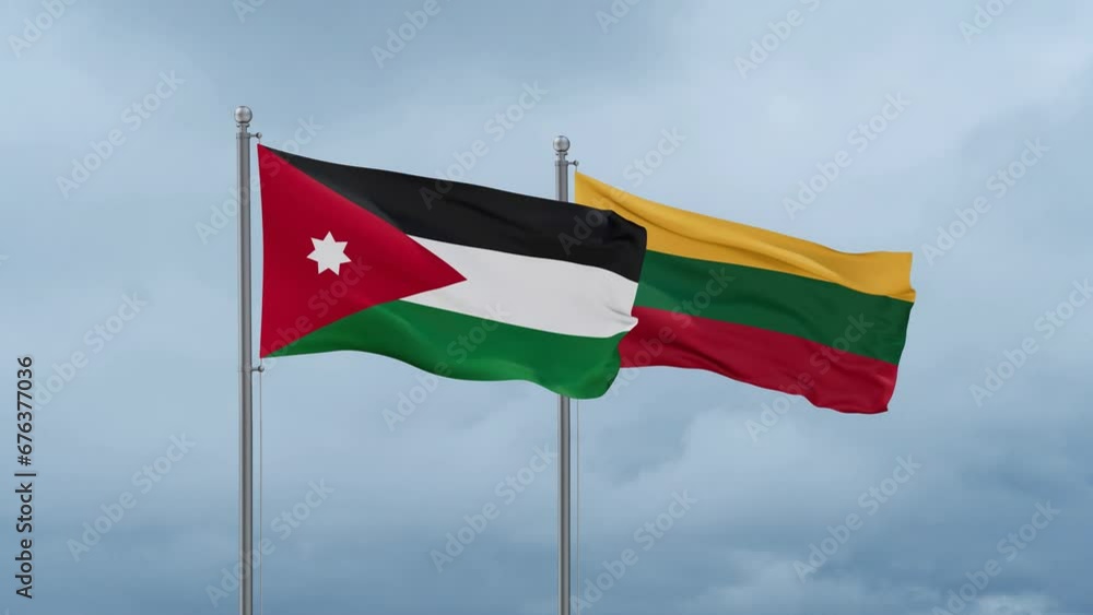 Lithuania flag and Jordan flag waving together on cloudy sky, endless seamless loop, two country relations concept Lithuania flag and Jordan flag waving together on cloudy sky, endless seamless loop, two country relations concept